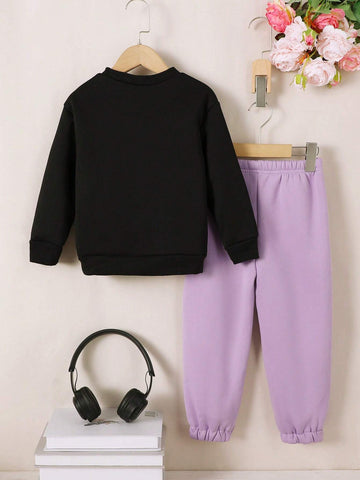 Young Girl' Fleece Graphic Print Sweatshirt And Casual Pants Set, Autumn/Winter Young Girl' Fleece Graphic Print Sweatshirt And Casual Pants Set, Autumn/Winter
