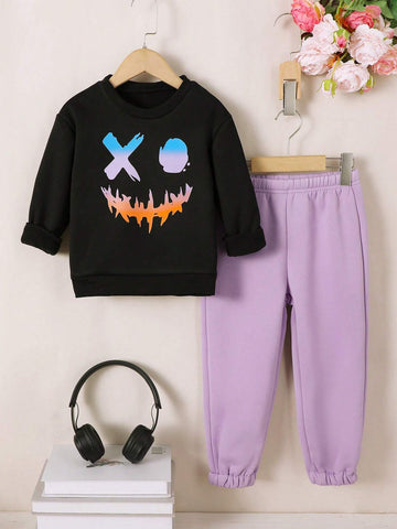 Young Girl' Fleece Graphic Print Sweatshirt And Casual Pants Set, Autumn/Winter Young Girl' Fleece Graphic Print Sweatshirt And Casual Pants Set, Autumn/Winter