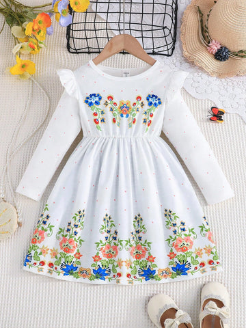 Young Girl' Floral Embroidered Cap Sleeve Elegant Vacation Casual Dress, Spring/Autumn Young Girl' Floral Embroidered Cap Sleeve Elegant Vacation Casual Dress, Spring/Autumn