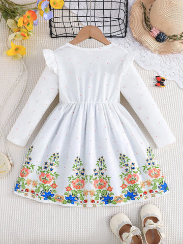 Young Girl' Floral Embroidered Cap Sleeve Elegant Vacation Casual Dress, Spring/Autumn Young Girl' Floral Embroidered Cap Sleeve Elegant Vacation Casual Dress, Spring/Autumn