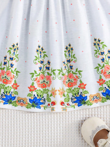 Young Girl' Floral Embroidered Cap Sleeve Elegant Vacation Casual Dress, Spring/Autumn Young Girl' Floral Embroidered Cap Sleeve Elegant Vacation Casual Dress, Spring/Autumn