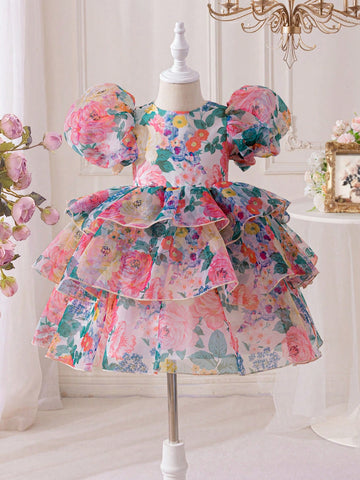 Young Girl Floral Gauze Puff Sleeve Snug Fit Dress Young Girl Floral Gauze Puff Sleeve Snug Fit Dress