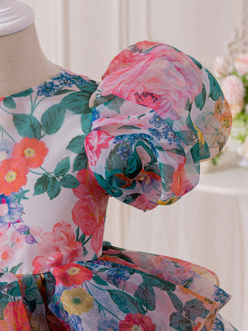 Young Girl Floral Gauze Puff Sleeve Snug Fit Dress Young Girl Floral Gauze Puff Sleeve Snug Fit Dress