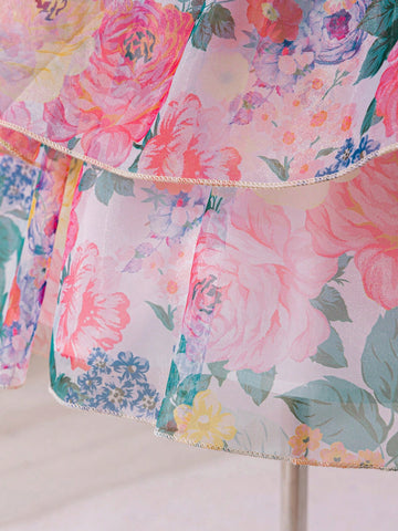 Young Girl Floral Gauze Puff Sleeve Snug Fit Dress Young Girl Floral Gauze Puff Sleeve Snug Fit Dress