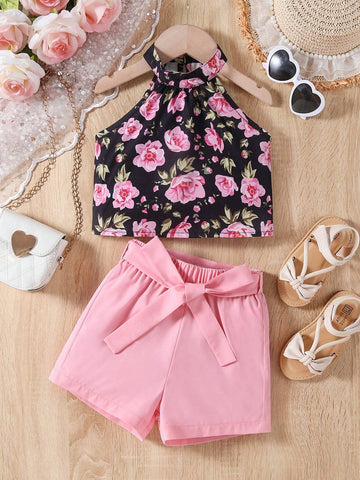 Young Girl Floral Print Halter Neck Vest With Belted Shorts Set, A Romantic And Fashionable Summer Outfit Young Girl Floral Print Halter Neck Vest With Belted Shorts Set, A Romantic And Fashionable Summer Outfit