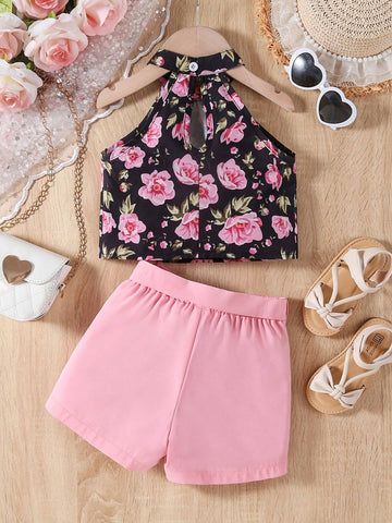 Young Girl Floral Print Halter Neck Vest With Belted Shorts Set, A Romantic And Fashionable Summer Outfit Young Girl Floral Print Halter Neck Vest With Belted Shorts Set, A Romantic And Fashionable Summer Outfit