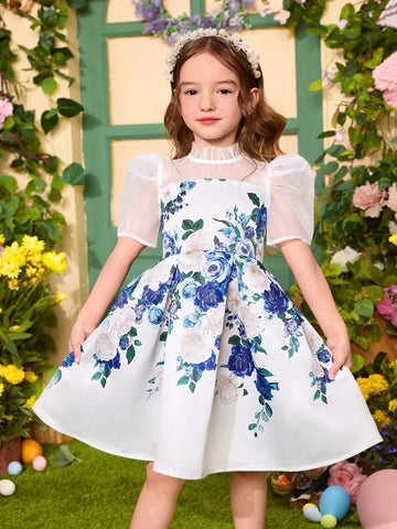 Young Girl Floral Printed Woven Splice Mesh Short Sleeve Fitted Dress Young Girl Floral Printed Woven Splice Mesh Short Sleeve Fitted Dress