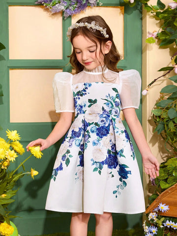 Young Girl Floral Printed Woven Splice Mesh Short Sleeve Fitted Dress Young Girl Floral Printed Woven Splice Mesh Short Sleeve Fitted Dress