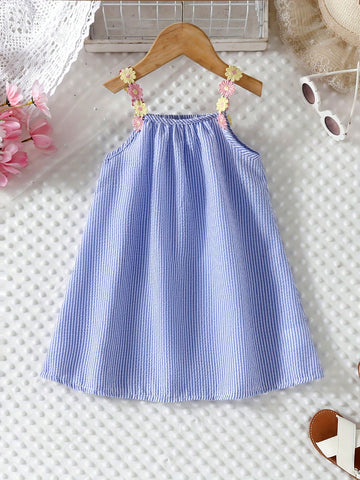 Young Girl Floral Strap Casual Loose Sleeveless A-Line Striped Sundress, Suitable For Holiday Beach, Summer Young Girl Floral Strap Casual Loose Sleeveless A-Line Striped Sundress, Suitable For Holiday Beach, Summer