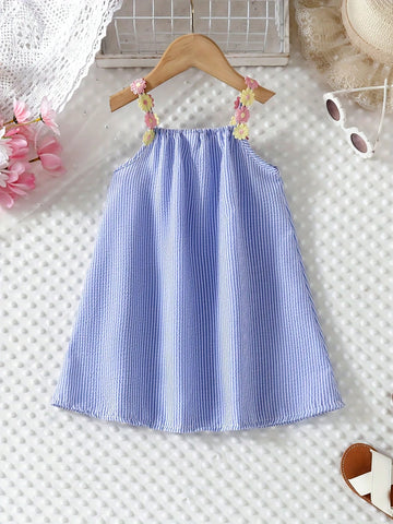 Young Girl Floral Strap Casual Loose Sleeveless A-Line Striped Sundress, Suitable For Holiday Beach, Summer Young Girl Floral Strap Casual Loose Sleeveless A-Line Striped Sundress, Suitable For Holiday Beach, Summer