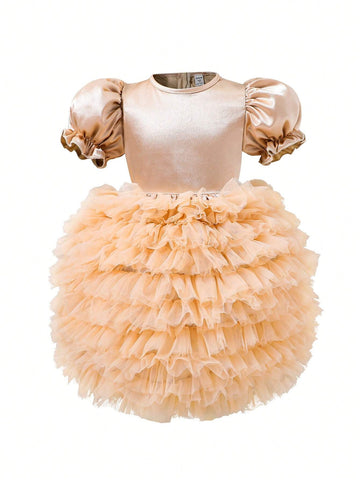 Young Girl Gorgeous Elegant Tutu Dress In Champagne Color Contrast Mesh Dress Perfect For Formal Occasions Young Girl Gorgeous Elegant Tutu Dress In Champagne Color Contrast Mesh Dress Perfect For Formal Occasions