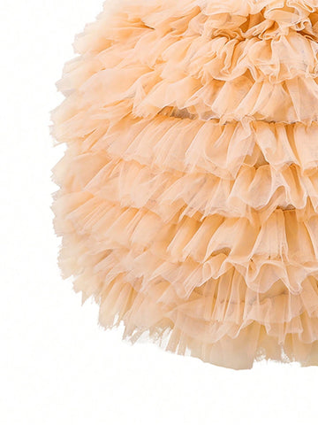 Young Girl Gorgeous Elegant Tutu Dress In Champagne Color Contrast Mesh Dress Perfect For Formal Occasions Young Girl Gorgeous Elegant Tutu Dress In Champagne Color Contrast Mesh Dress Perfect For Formal Occasions