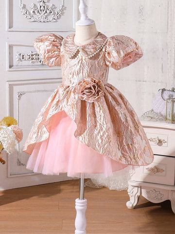 Young Girl Gorgeous Textured Fabric Dress, Featuring Pearl Decoration, 3D Floral & Mesh Patchwork Young Girl Gorgeous Textured Fabric Dress, Featuring Pearl Decoration, 3D Floral & Mesh Patchwork