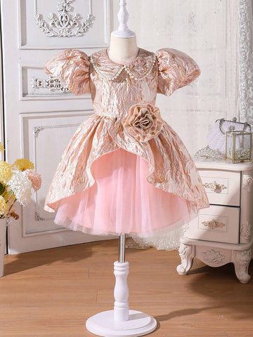 Young Girl Gorgeous Textured Fabric Dress, Featuring Pearl Decoration, 3D Floral & Mesh Patchwork Young Girl Gorgeous Textured Fabric Dress, Featuring Pearl Decoration, 3D Floral & Mesh Patchwork