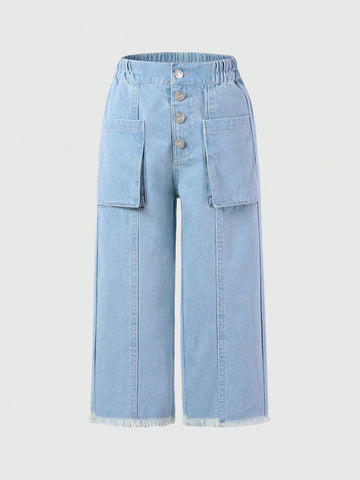 Young Girl Holiday Casual Light Blue Wash Button Front Elastic Waist Raw Hem Wide Leg Jeans Young Girl Holiday Casual Light Blue Wash Button Front Elastic Waist Raw Hem Wide Leg Jeans