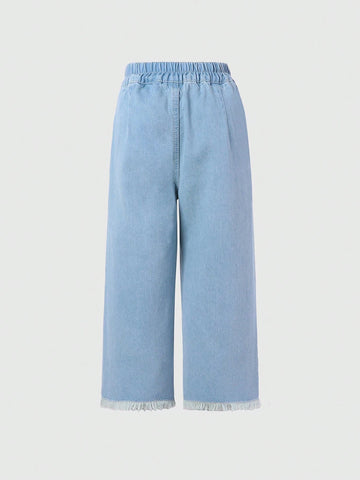 Young Girl Holiday Casual Light Blue Wash Button Front Elastic Waist Raw Hem Wide Leg Jeans Young Girl Holiday Casual Light Blue Wash Button Front Elastic Waist Raw Hem Wide Leg Jeans