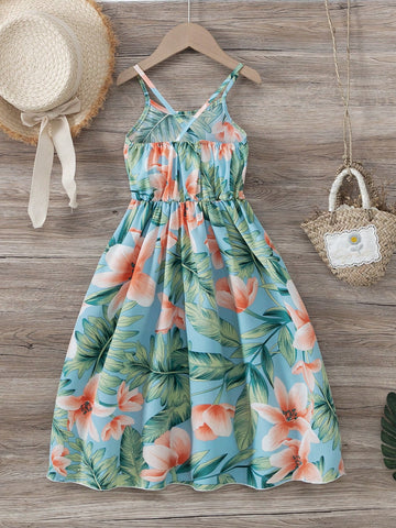 Young Girl Holiday Casual Tropical Print Contrast Lace Camisole Dress Young Girl Holiday Casual Tropical Print Contrast Lace Camisole Dress