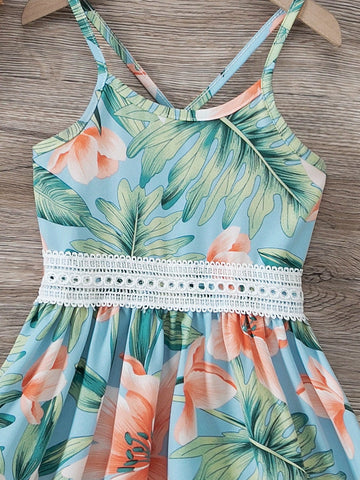 Young Girl Holiday Casual Tropical Print Contrast Lace Camisole Dress Young Girl Holiday Casual Tropical Print Contrast Lace Camisole Dress