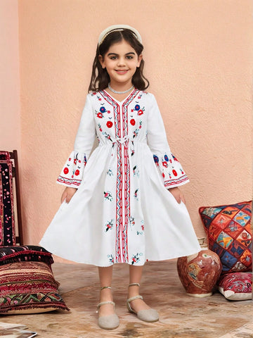 Young Girl Holiday Floral Retro Print V-Neck Flare Long Sleeve Dress Young Girl Holiday Floral Retro Print V-Neck Flare Long Sleeve Dress