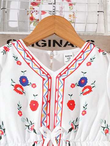 Young Girl Holiday Floral Retro Print V-Neck Flare Long Sleeve Dress Young Girl Holiday Floral Retro Print V-Neck Flare Long Sleeve Dress