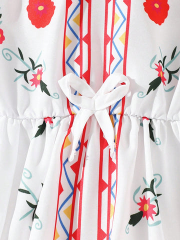 Young Girl Holiday Floral Retro Print V-Neck Flare Long Sleeve Dress Young Girl Holiday Floral Retro Print V-Neck Flare Long Sleeve Dress