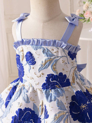 Young Girl Jacquard Woven Bowknot Decor Camisole Dress Young Girl Jacquard Woven Bowknot Decor Camisole Dress