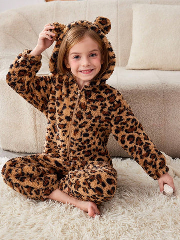 Young Girl Knit Fuzzy Leopard Hooded Jumpsuit Young Girl Knit Fuzzy Leopard Hooded Jumpsuit
