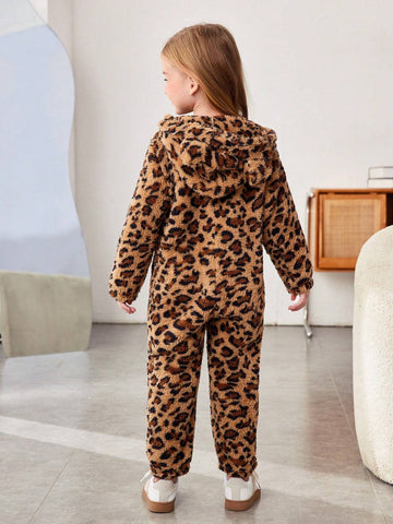 Young Girl Knit Fuzzy Leopard Hooded Jumpsuit Young Girl Knit Fuzzy Leopard Hooded Jumpsuit