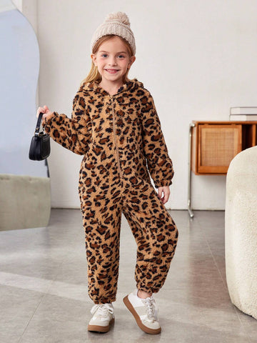 Young Girl Knit Fuzzy Leopard Hooded Jumpsuit Young Girl Knit Fuzzy Leopard Hooded Jumpsuit