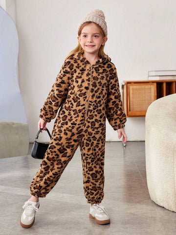 Young Girl Knit Fuzzy Leopard Hooded Jumpsuit Young Girl Knit Fuzzy Leopard Hooded Jumpsuit