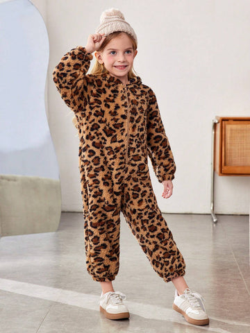 Young Girl Knit Fuzzy Leopard Hooded Jumpsuit Young Girl Knit Fuzzy Leopard Hooded Jumpsuit