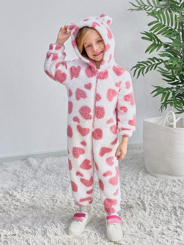 Young Girl Knit Solid Color Furry Hooded Jumpsuit Young Girl Knit Solid Color Furry Hooded Jumpsuit