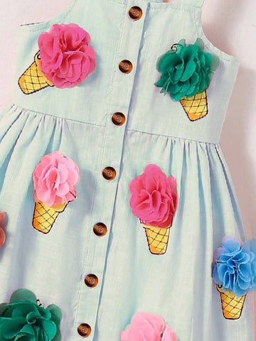 Young Girl' Lively Ice Cream Print Woven Camisole Dress With 3D Floral Decor Young Girl' Lively Ice Cream Print Woven Camisole Dress With 3D Floral Decor