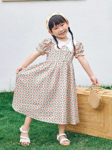 Young Girl Loose Casual Weave Floral Dress With Doll Collar And Puff Sleeves Young Girl Loose Casual Weave Floral Dress With Doll Collar And Puff Sleeves