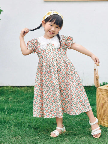 Young Girl Loose Casual Weave Floral Dress With Doll Collar And Puff Sleeves Young Girl Loose Casual Weave Floral Dress With Doll Collar And Puff Sleeves