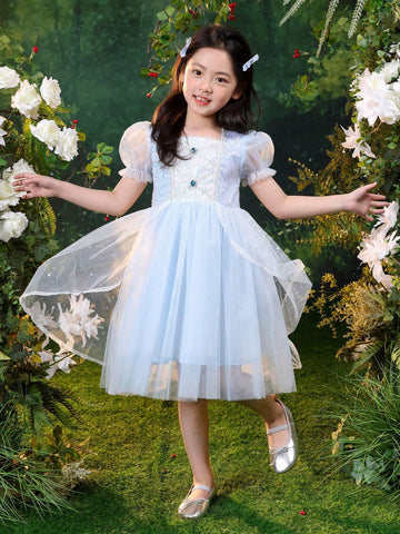 Young Girl Mesh Square Neckline Bow Detail Bow Bubble Sleeve Dress 2024 New Children Princess Dress Summer Skirt Young Girl Mesh Square Neckline Bow Detail Bow Bubble Sleeve Dress 2024 New Children Princess Dress Summer Skirt