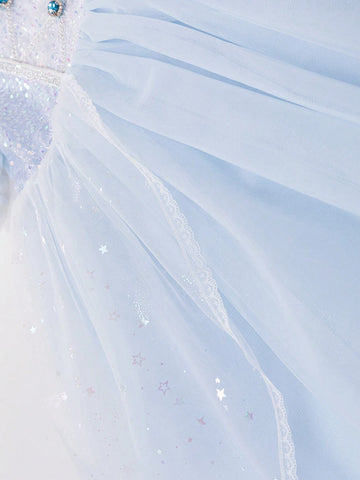 Young Girl Mesh Square Neckline Bow Detail Bow Bubble Sleeve Dress 2024 New Children Princess Dress Summer Skirt Young Girl Mesh Square Neckline Bow Detail Bow Bubble Sleeve Dress 2024 New Children Princess Dress Summer Skirt