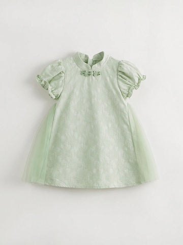 Young Girl New Chinese Style Jacquard Mesh Splicing Stand Collar Bubble Short Sleeve Qipao Dress For Summer Young Girl New Chinese Style Jacquard Mesh Splicing Stand Collar Bubble Short Sleeve Qipao Dress For Summer