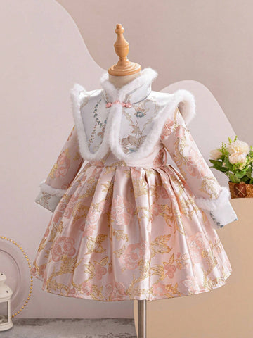 Young Girl' Orange Chinese New Year Dress, Traditional Jacquard Design Mini Qipao Young Girl' Orange Chinese New Year Dress, Traditional Jacquard Design Mini Qipao