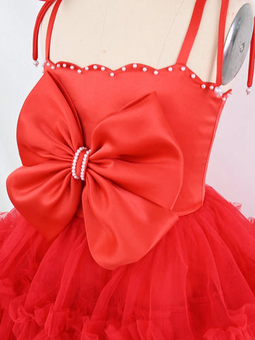 Young Girl Pearl Decor Bow Knot Off-Shoulder Heavy-Duty Mesh Spaghetti Strap Lace Satin Patchwork Cute & Elegant Prom Dress Young Girl Pearl Decor Bow Knot Off-Shoulder Heavy-Duty Mesh Spaghetti Strap Lace Satin Patchwork Cute & Elegant Prom Dress