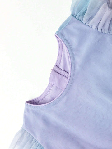 Young Girl Pleated Heart Design Screw Neck Short Sleeve Dress, 2024 New Summer Gradient Mesh Princess Dress For Children Young Girl Pleated Heart Design Screw Neck Short Sleeve Dress, 2024 New Summer Gradient Mesh Princess Dress For Children