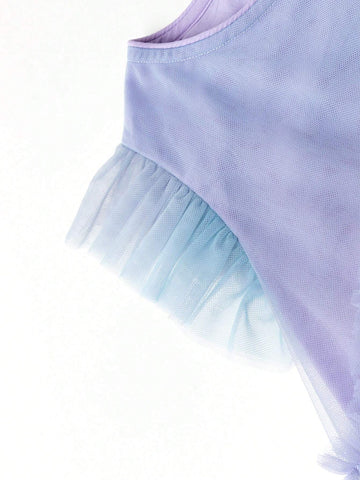 Young Girl Pleated Heart Design Screw Neck Short Sleeve Dress, 2024 New Summer Gradient Mesh Princess Dress For Children Young Girl Pleated Heart Design Screw Neck Short Sleeve Dress, 2024 New Summer Gradient Mesh Princess Dress For Children