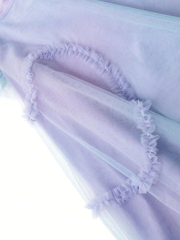 Young Girl Pleated Heart Design Screw Neck Short Sleeve Dress, 2024 New Summer Gradient Mesh Princess Dress For Children Young Girl Pleated Heart Design Screw Neck Short Sleeve Dress, 2024 New Summer Gradient Mesh Princess Dress For Children