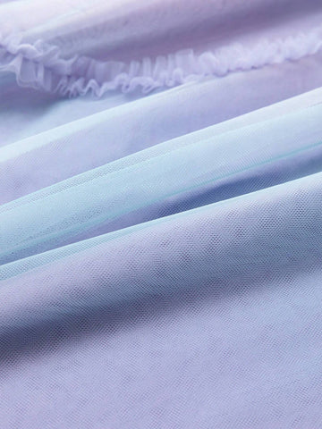 Young Girl Pleated Heart Design Screw Neck Short Sleeve Dress, 2024 New Summer Gradient Mesh Princess Dress For Children Young Girl Pleated Heart Design Screw Neck Short Sleeve Dress, 2024 New Summer Gradient Mesh Princess Dress For Children