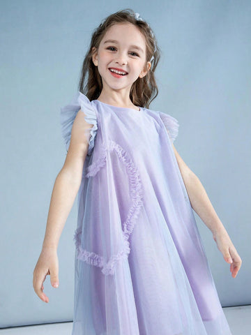 Young Girl Pleated Heart Design Screw Neck Short Sleeve Dress, 2024 New Summer Gradient Mesh Princess Dress For Children Young Girl Pleated Heart Design Screw Neck Short Sleeve Dress, 2024 New Summer Gradient Mesh Princess Dress For Children