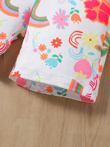 Young Girl Rainbow Cute Flower Sun Cloud Heat Pressed Short Sleeve Top + Allover Print Shorts Set, Summer Young Girl Rainbow Cute Flower Sun Cloud Heat Pressed Short Sleeve Top + Allover Print Shorts Set, Summer