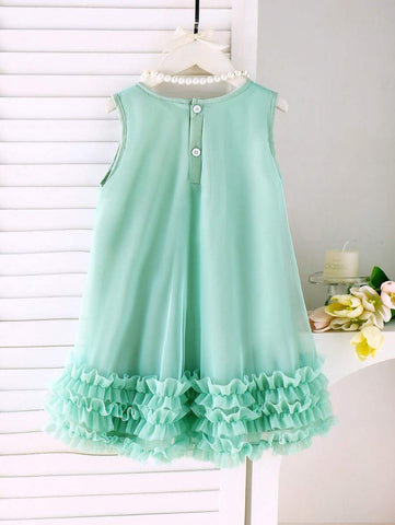 Young Girl Ramadan Green & White Bow Embellished Button-Up Round Neck Layered Mesh Comfortable Elegant Princess Dress Young Girl Ramadan Green & White Bow Embellished Button-Up Round Neck Layered Mesh Comfortable Elegant Princess Dress