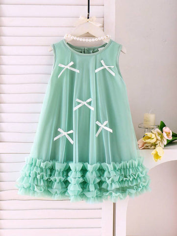Young Girl Ramadan Green & White Bow Embellished Button-Up Round Neck Layered Mesh Comfortable Elegant Princess Dress Young Girl Ramadan Green & White Bow Embellished Button-Up Round Neck Layered Mesh Comfortable Elegant Princess Dress