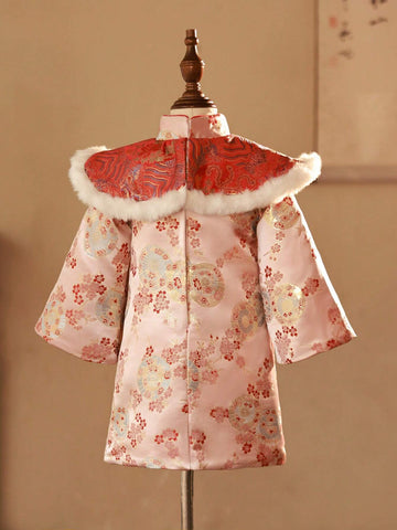 Young Girl Red Jacquard Patchwork Fluffy Trim Dress, New Year Outfit Young Girl Red Jacquard Patchwork Fluffy Trim Dress, New Year Outfit