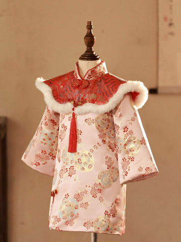 Young Girl Red Jacquard Patchwork Fluffy Trim Dress, New Year Outfit Young Girl Red Jacquard Patchwork Fluffy Trim Dress, New Year Outfit